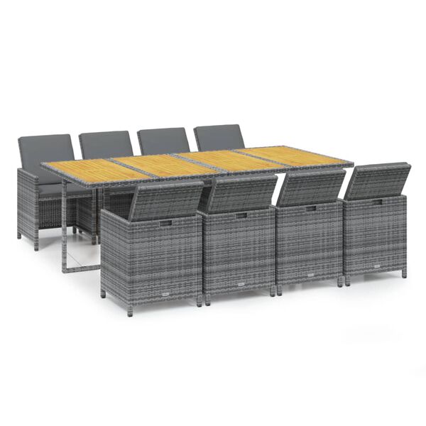 vidaXL Set comedor jard&iacute;n 9 pzas y cojines rat&aacute;n sint&eacute;tico gris