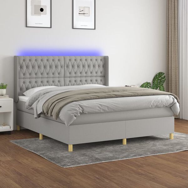 vidaXL Cama box spring colch&oacute;n y luces LED tela gris claro 180x200 cm
