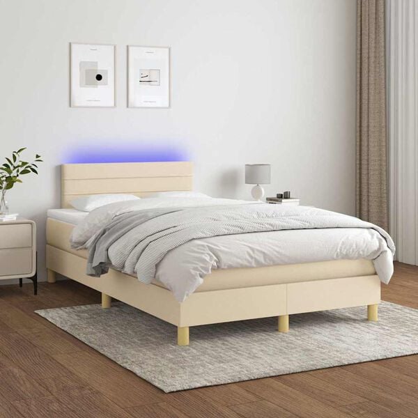 vidaXL Cama box spring con colch&oacute;n y luces LED tela crema 120x190 cm