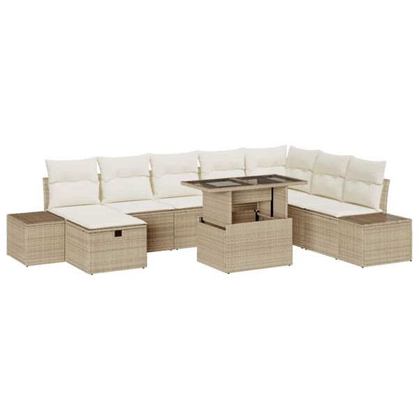 vidaXL Conjunto de sof&aacute; de jard&iacute;n 9 pcs Beige rat&aacute;n sint&eacute;tico