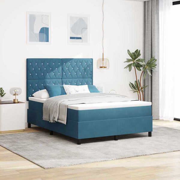 vidaXL Cama Box Spring LED con colch&oacute;n Azul Oscuro 140 x 200 cm tela