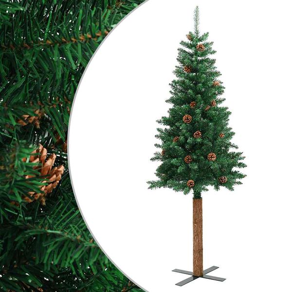 vidaXL Árbol de Navidad delgado madera auténtica y piñas PVC 210 cm