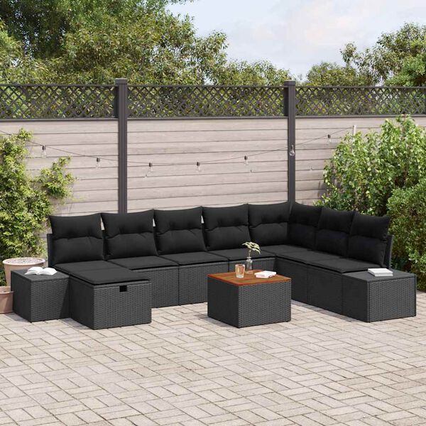 vidaXL Conjunto de sof&aacute; de jard&iacute;n con coj&iacute;n 9 pcs Negro Polirat&aacute;n