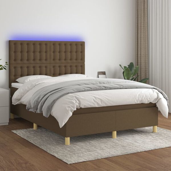 vidaXL Cama box spring colch&oacute;n luces LED tela marr&oacute;n oscuro 140x200cm
