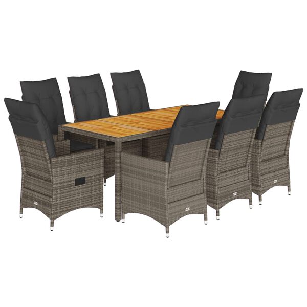 vidaXL Set comedor jard&iacute;n 9 pzas y cojines rat&aacute;n sint&eacute;tico gris