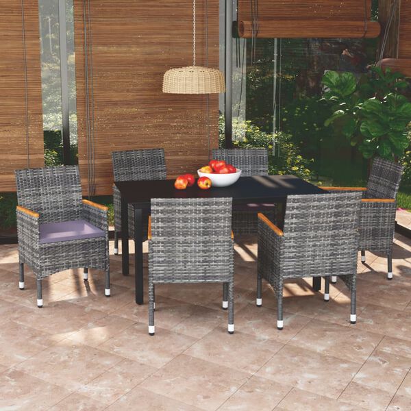 vidaXL Juego muebles jard&iacute;n 7 pzas con cojines rat&aacute;n sint&eacute;tico gris
