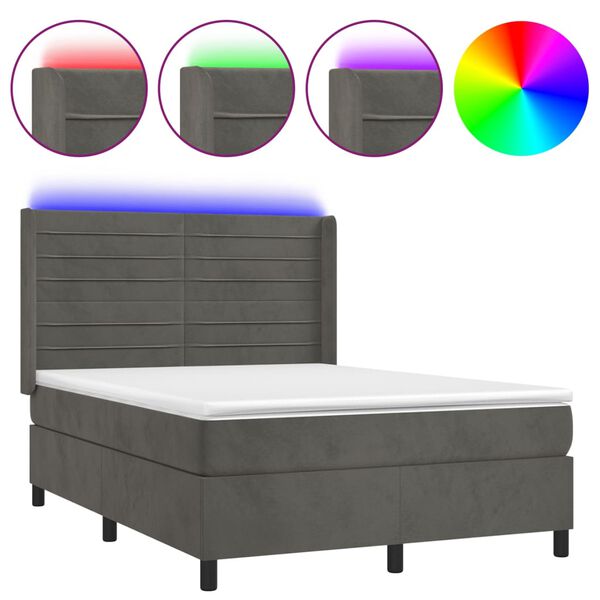 vidaXL Cama box spring colch&oacute;n y LED terciopelo gris oscuro 140x190 cm