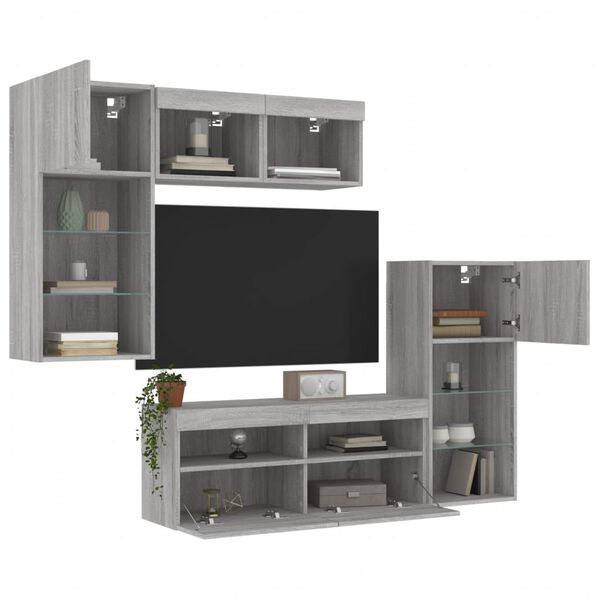 vidaXL Muebles TV pared con LED 5 pzas madera ingenier&iacute;a gris Sonoma