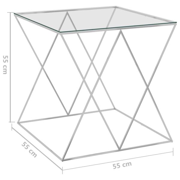 vidaXL Mesa de centro acero inoxidable y vidrio plateada 55x55x55 cm