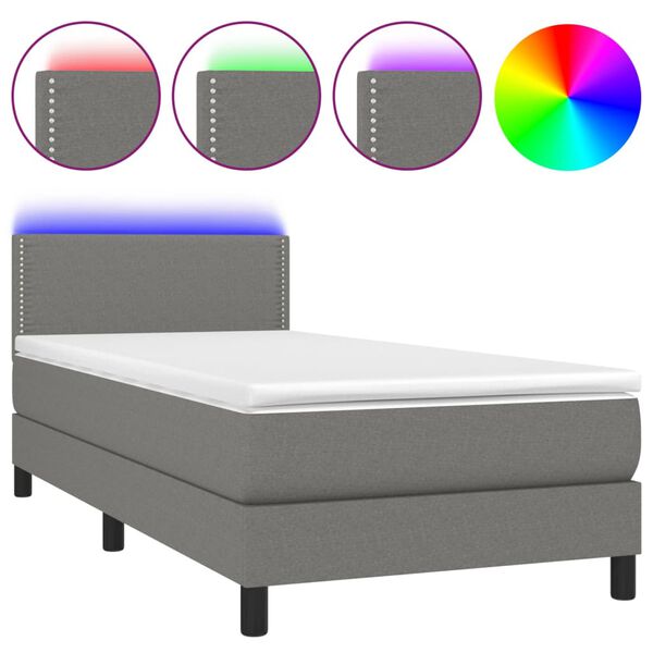 vidaXL Cama box spring colch&oacute;n y luces LED tela gris oscuro 90x190 cm