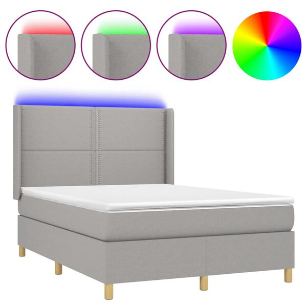 vidaXL Cama box spring colch&oacute;n y luces LED tela gris claro 140x190 cm