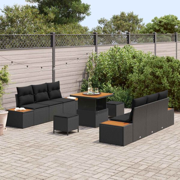 vidaXL Conjunto de sof&aacute;s de jard&iacute;n 9 pcs Negro rat&aacute;n sint&eacute;tico
