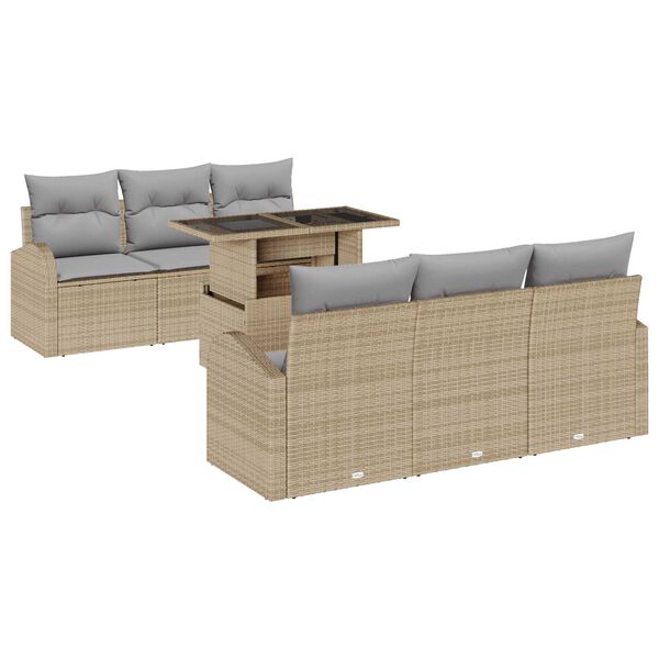 vidaXL Conjunto de sof&aacute; de jard&iacute;n 7 pcs Beige Rattan de Poli&eacute;ster