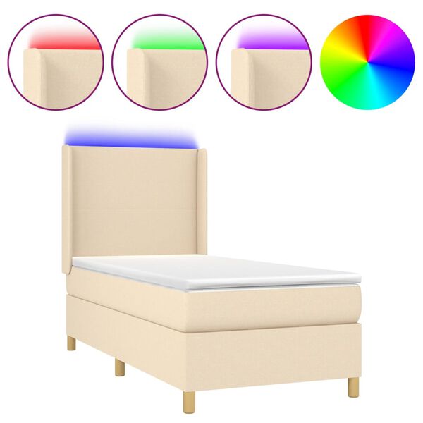 vidaXL Cama box spring colch&oacute;n y luces LED tela crema 90x200 cm
