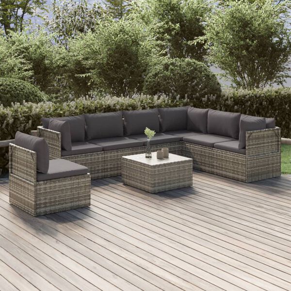 vidaXL Set de muebles de jard&iacute;n 8 pzas y cojines rat&aacute;n sint&eacute;tico gris
