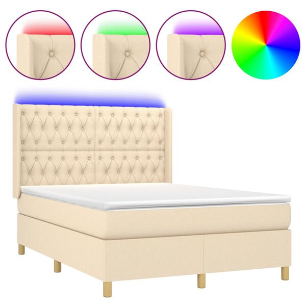 vidaXL Cama box spring colch&oacute;n y luces LED tela crema 140x200 cm
