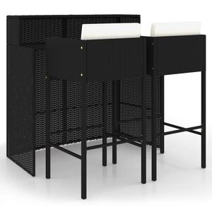 vidaXL Set muebles bar jardín 3 piezas y cojines ratán sintético negro