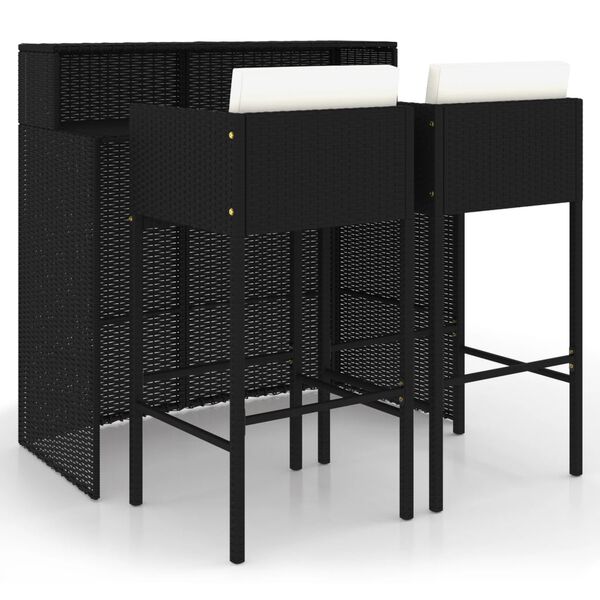 vidaXL Set muebles bar jardín 3 piezas y cojines ratán sintético negro
