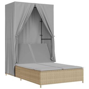 vidaXL Tumbona doble con techo y cortinas rat&aacute;n sint&eacute;tico beige