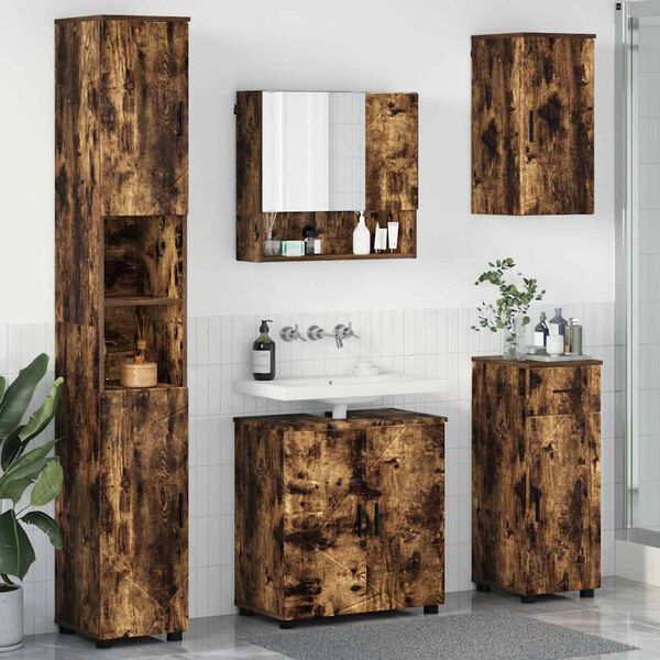 vidaXL Juego de muebles de ba&ntilde;o con caj&oacute;n 5 pcs Roble ahumado