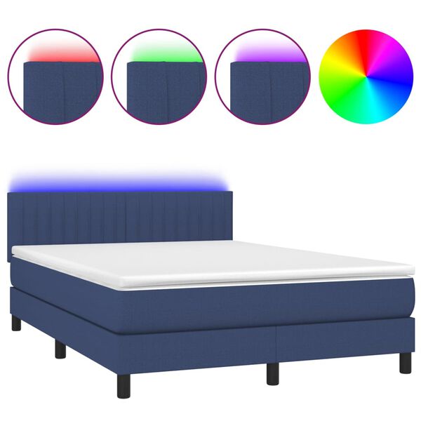 vidaXL Cama box spring colch&oacute;n y luces LED tela azul 140x190 cm