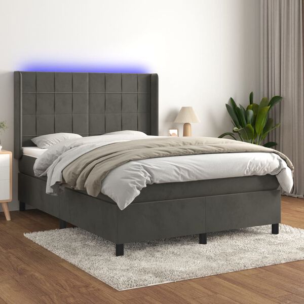 vidaXL Cama box spring colch&oacute;n y LED terciopelo gris oscuro 140x200 cm