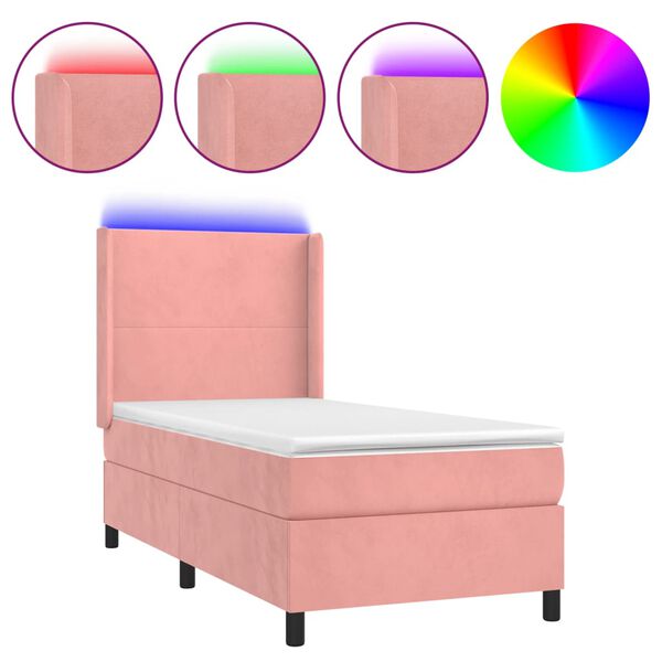 vidaXL Cama box spring colch&oacute;n y LED terciopelo rosa 90x190 cm
