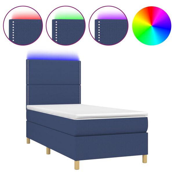 vidaXL Cama box spring colch&oacute;n y luces LED tela azul 90x200 cm