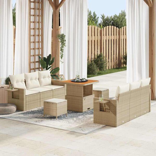 vidaXL Conjunto de sof&aacute; de jard&iacute;n 9 pcs Beige rat&aacute;n sint&eacute;tico