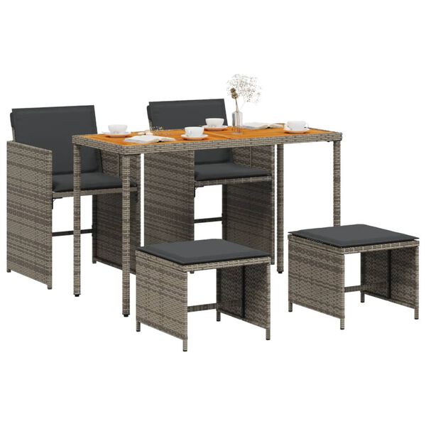 vidaXL Set comedor de jard&iacute;n 5 piezas con cojines rat&aacute;n sint&eacute;tico gris
