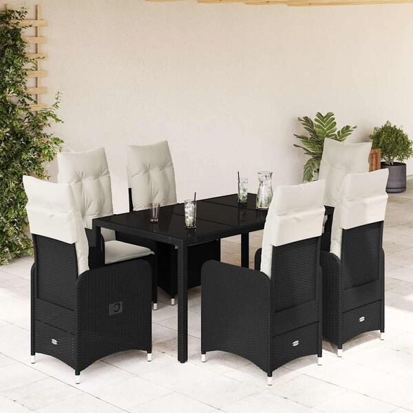 vidaXL Set de mesa y sillas de jard&iacute;n 7 pzas y cojines rat&aacute;n PE negro