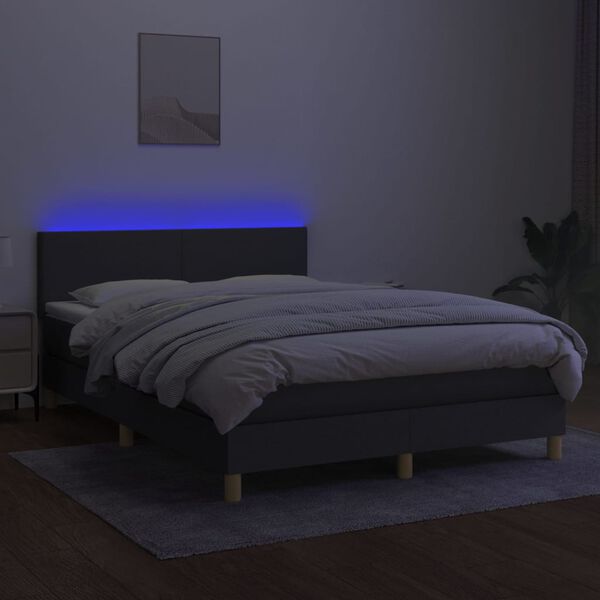 vidaXL Cama box spring colch&oacute;n y luces LED tela gris oscuro 140x200 cm