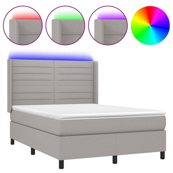 vidaXL Cama box spring colch&oacute;n y luces LED tela gris claro 140x190 cm