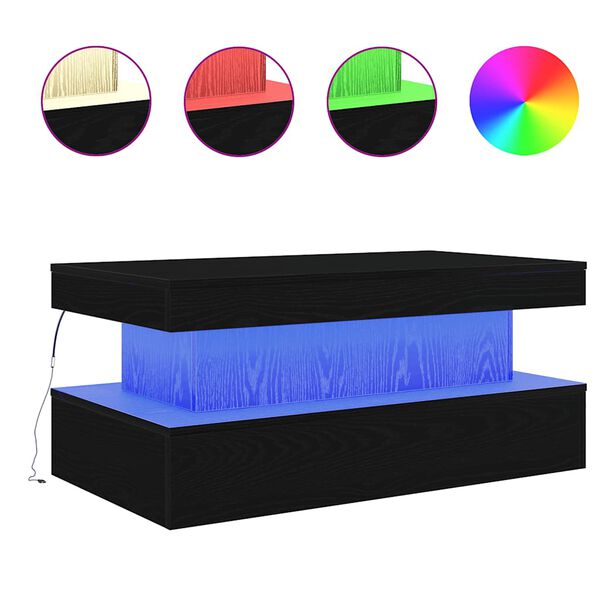 vidaXL Mesa de centro con luces LED roble negro 90x50x40 cm