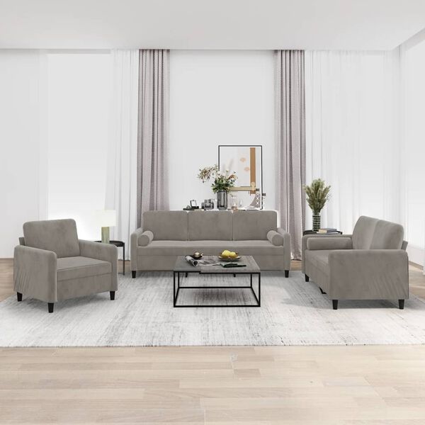 vidaXL Juego de sof&aacute;s con cojines 3 piezas terciopelo gris claro