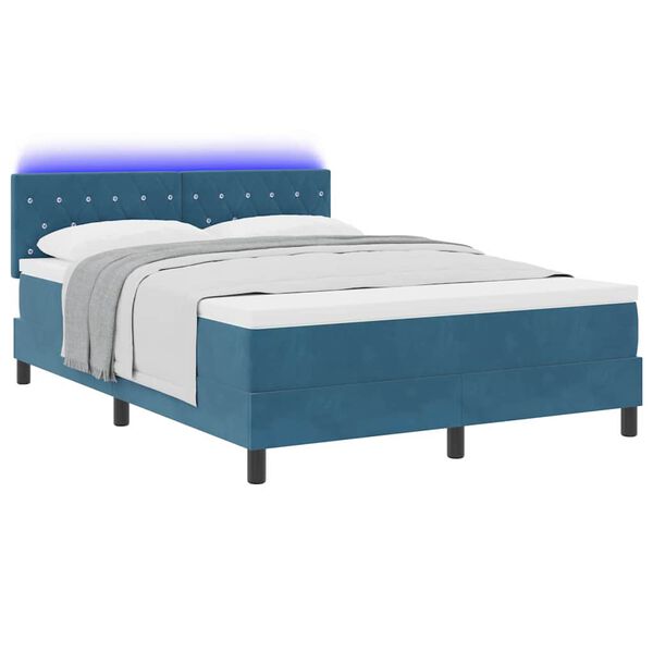vidaXL Cama Box Spring LED con LED Azul Oscuro 140 x 200 cm Terciopelo