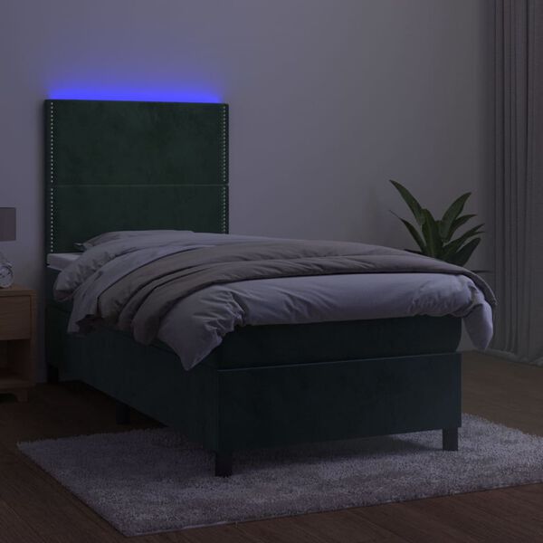 vidaXL Cama box spring colch&oacute;n y LED terciopelo verde oscuro 90x200 cm