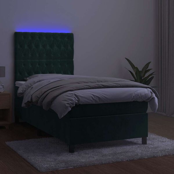 vidaXL Cama box spring colch&oacute;n y LED terciopelo verde oscuro 90x190 cm