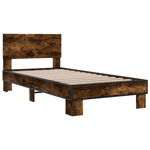 vidaXL Estructura cama madera ingenier&iacute;a metal roble ahumado 90x200 cm