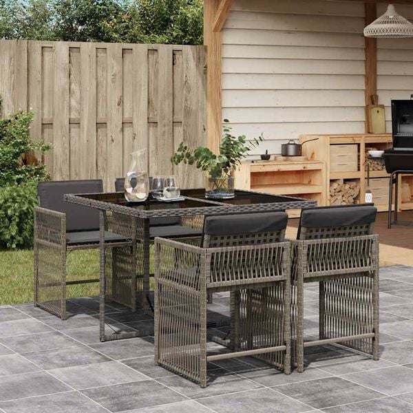 vidaXL Set comedor de jard&iacute;n 5 piezas con cojines rat&aacute;n sint&eacute;tico gris