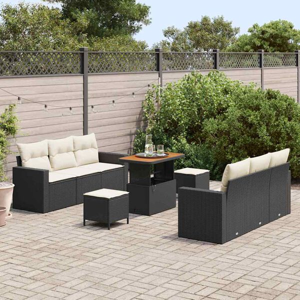 vidaXL Conjunto de sof&aacute; de jard&iacute;n con coj&iacute;n Manual 9 pcs Negro y crema