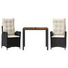 vidaXL Set comedor de jard&iacute;n 3 pzas con cojines rat&aacute;n sint&eacute;tico negro