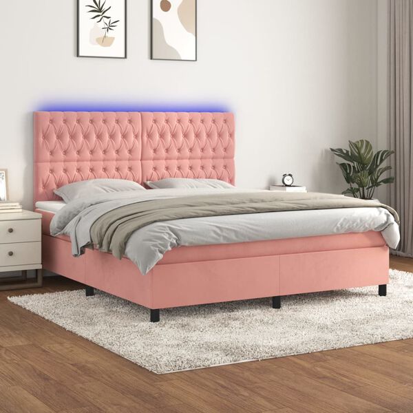 vidaXL Cama box spring colch&oacute;n y LED terciopelo rosa 160x200 cm
