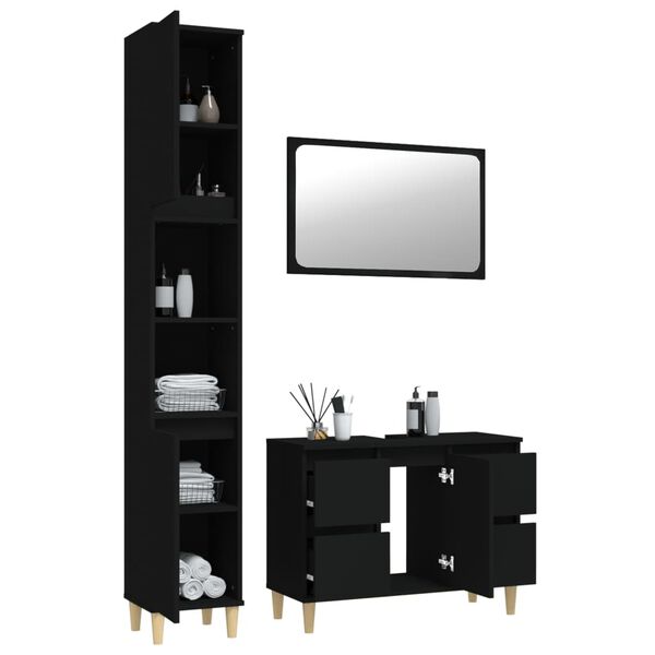 vidaXL Juego de muebles de ba&ntilde;o 3 pzas madera contrachapada negro