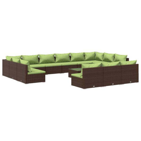 vidaXL Set de muebles de jard&iacute;n 14 pzas y cojines rat&aacute;n PE marr&oacute;n