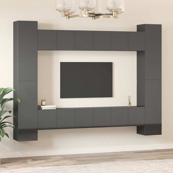 vidaXL Muebles de TV de sal&oacute;n 10 pzas madera de ingenier&iacute;a gris brillo