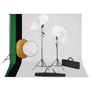 vidaXL Kit estudio fotograf&iacute;a l&aacute;mparas, sombrillas, fondo y reflector
