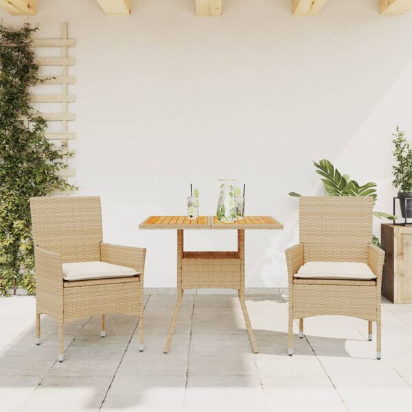 vidaXL Set de comedor jard&iacute;n 3 pzas con cojines rat&aacute;n PE acacia beige