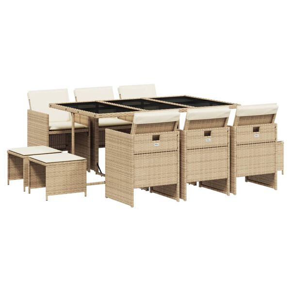 vidaXL Set comedor de jard&iacute;n 11 pzas con cojines rat&aacute;n sint&eacute;tico beige