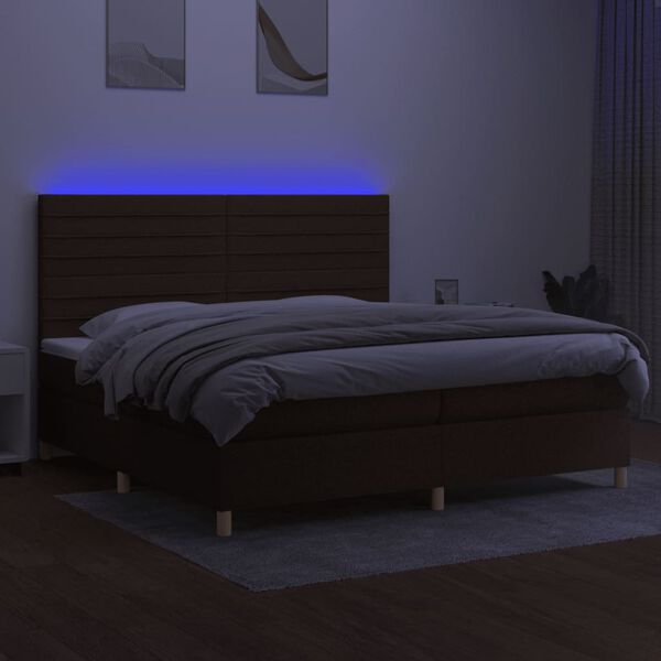 vidaXL Cama box spring colch&oacute;n luces LED tela marr&oacute;n oscuro 200x200 cm